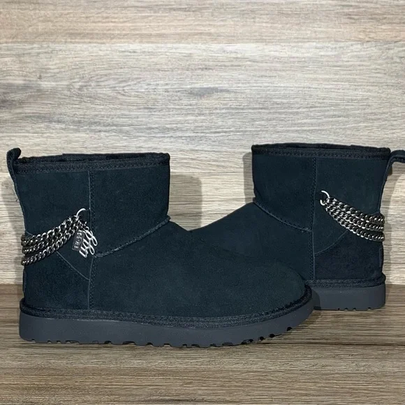 UGG Women’s Classic Mini Chain Black Suede Boots - Picture 4 of 11